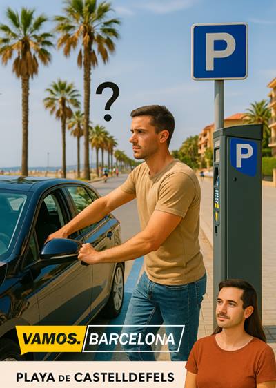 aparcar en zona azul en castelldefels | VAMOS.BARCELONA | Qué hacer en Barcelona Una mujer aparcando su vehículo en una plaza marcada como zona azul en Playafels, con la playa y palmeras al fondo.