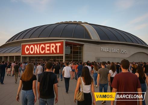imagen fotorealista de gente llegando a un concierto en el palau sant jordi de Barcelona